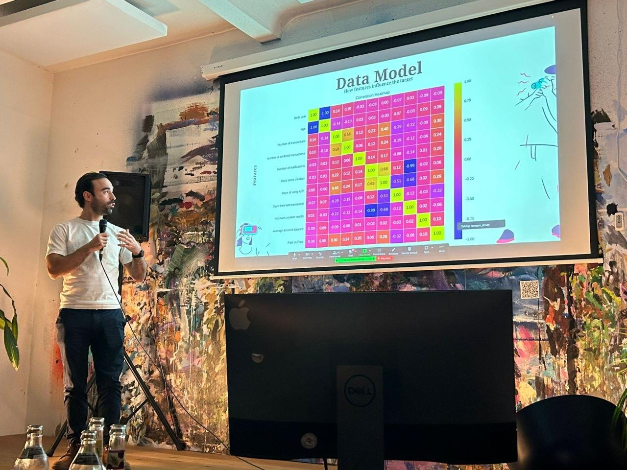Joao presenting a PQL data model and correlation heatmap to a live audience